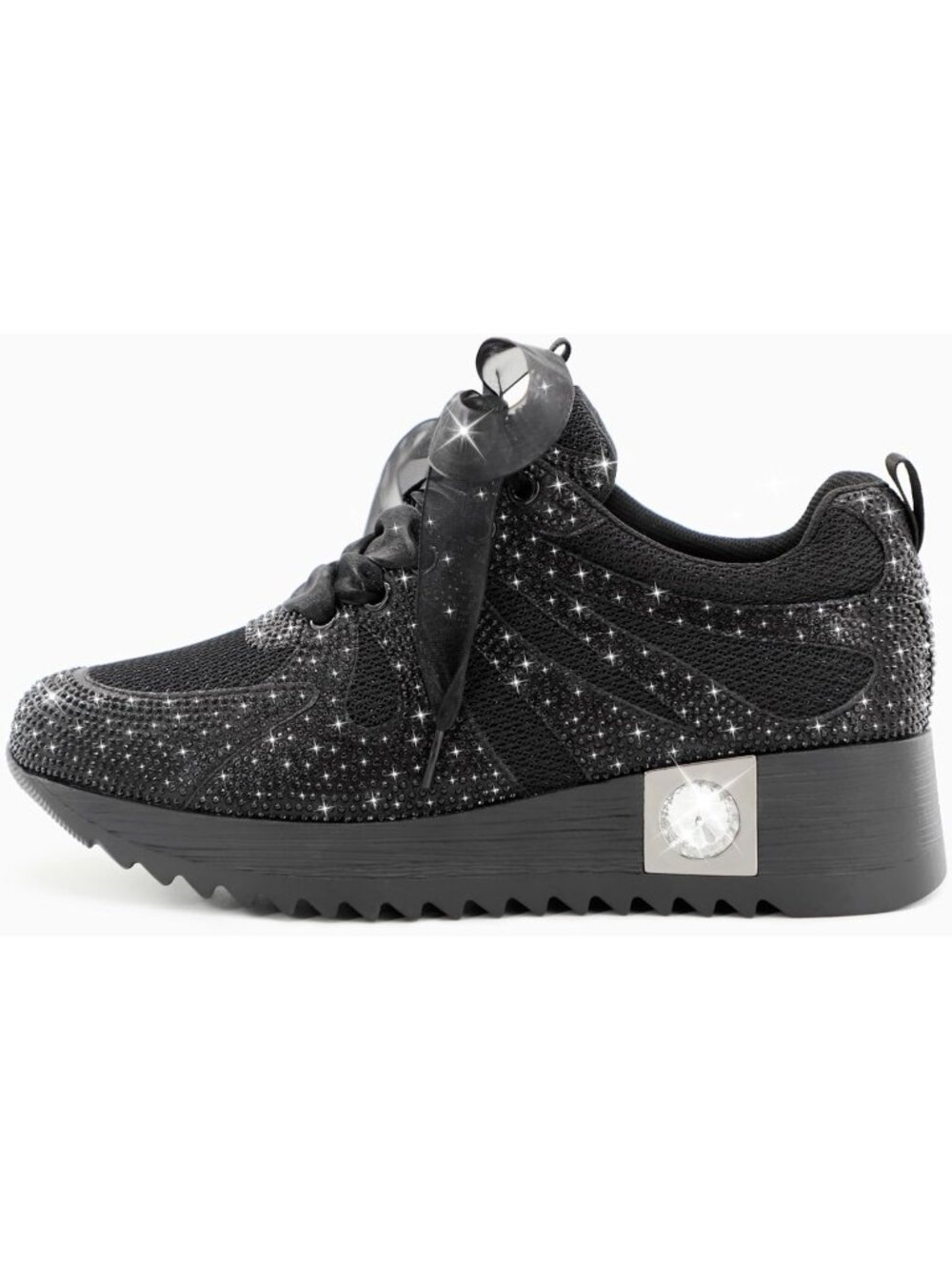 Women's Black Mesh Glitter Sneakers Platform Wedge Shoes Sparkly Rhinestone - Picture 4 of 6